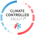 A circular sticker with the words climate controlled facility.